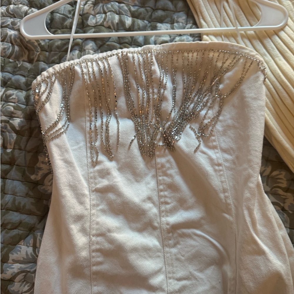 12th Tribe strapless white denim minidress with diamond fringe